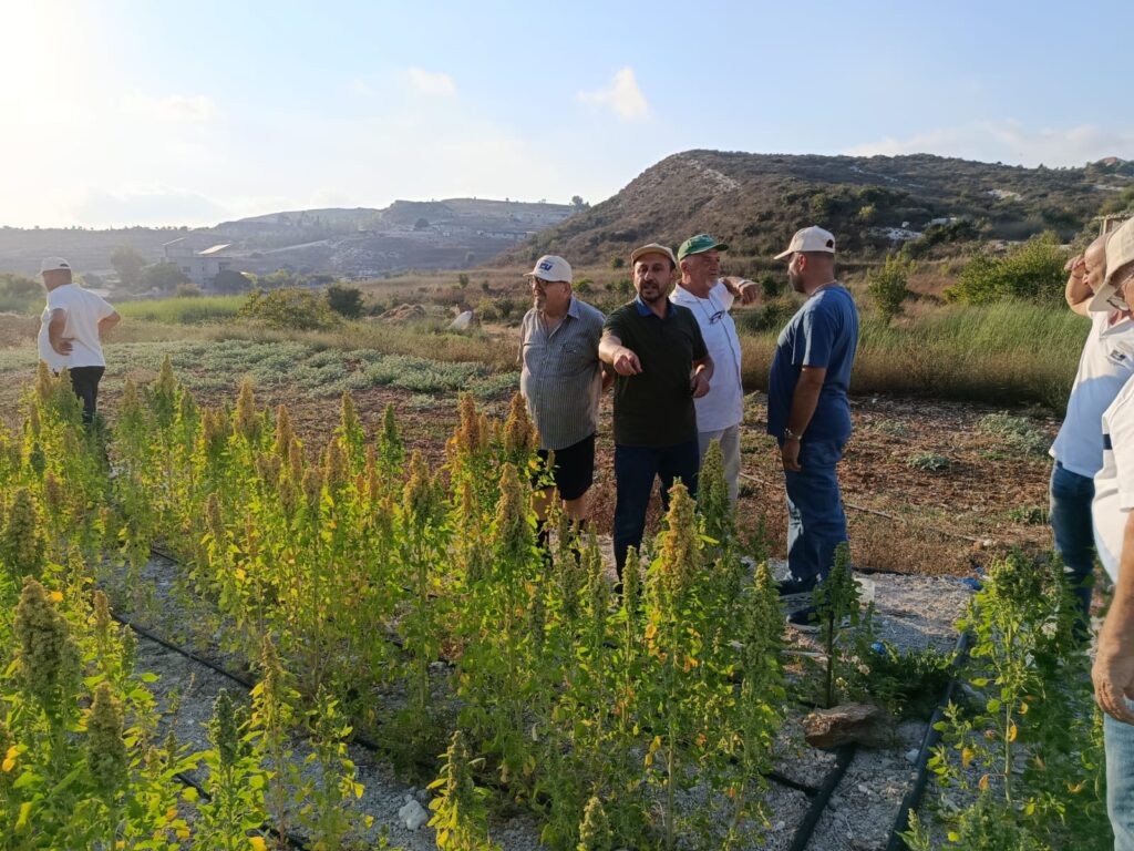 A group of participants stands among crop plots during a field visit, discussing plants and cultivation practices in a rural agricultural landscape. Low hills, fields, and vegetation are visible in the background under clear daylight.